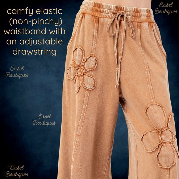 EASEL “Flower Power” Mineral Wash Pants Wide Leg Cozy Relax Fit Raw Seams, Hems - Picture 13 of 14